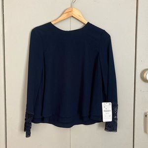 NWT ZARA Navy Blue Blouse with laced cuffs, size small